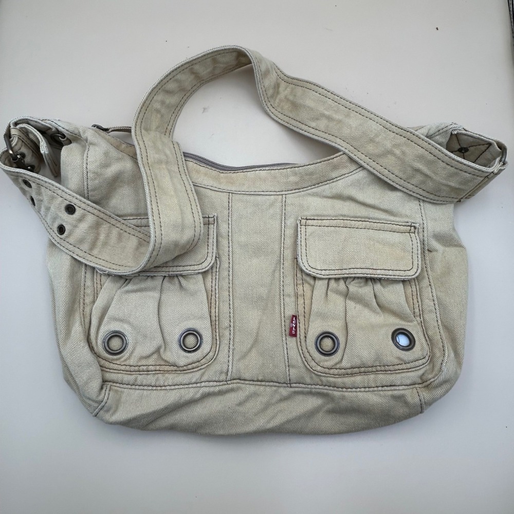 Levis Denim Shoulder Bag Tan Utility Cargo Y2K Grommet Floral Lining Messenger